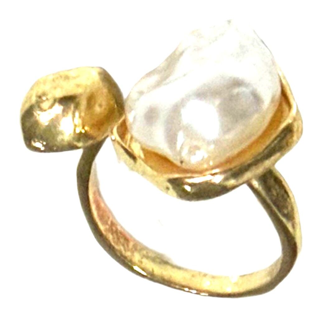 NWT Gold Tone Baroque Pearl Statement Ring Adjustable Open Band